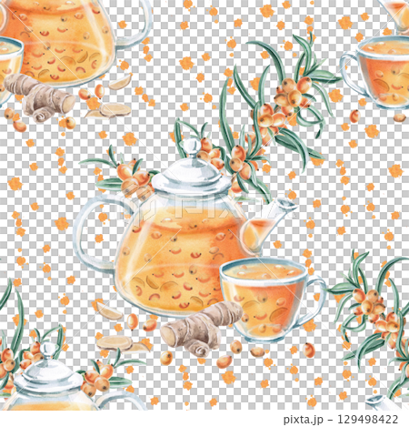 Seamless pattern with a teapot and a cup of sea buckthorn-ginger tea on a background of spots. Watercolor illustration for the design of a seasonal menu, printing on packaging, textiles. 129498422