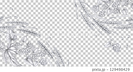 Rectangular frame with ears of wheat and branches of hops. Isolated pencil illustration in realistic style for bar design, wine list, interior design, printing on advertising brochures, labels. 129498429