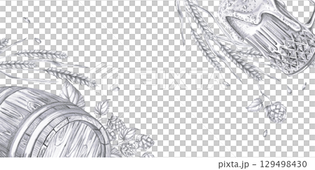 Rectangular frame with ears of wheat, a keg of beer and a glass. Isolated pencil illustration in a realistic style for bar design, wine list, interior design, printing on advertising brochures. Rectangular frame with ears of wheat, a keg of beer and a glass. Isolated pencil illustration in a realistic style for bar design, wine list, interior design, printing on advertising brochures. 129498430