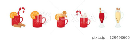 Christmas market drinks set. Vector stock illustration isolated on white background for design template menu, decoration winter market house, print paper, glass, ceramic cup. 129498600