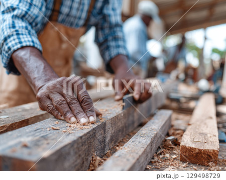 Small business worker carefully planes wood in workshop showing skilled hands and dedication to craftsmanship in lively environment 129498729