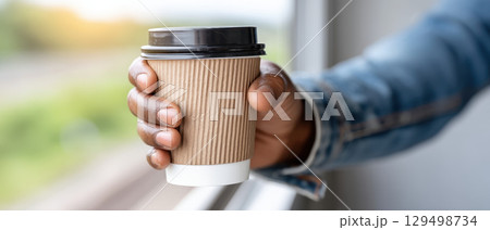Small business owner holding disposable coffee cup near window showing relaxed moment in casual setting 129498734