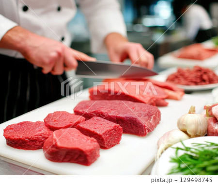 Small business chef is carefully slicing fresh red meat on white cutting board in busy kitchen environment 129498745