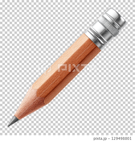 Short wooden pencil with silver eraser cap is shown in detailed watercolor style capturing its texture and shine Short wooden pencil with silver eraser cap is shown in detailed watercolor style capturing its texture and shine 129498801
