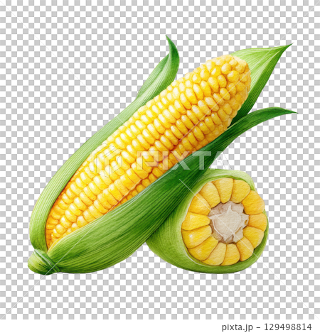 Bright yellow corn with green husk painted in watercolor style showing fresh vegetable and natural food 129498814