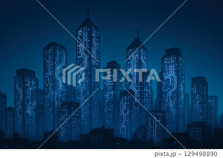 Smart city skyline at night with illuminated skyscrapers featuring digital circuit patterns symbolizing advanced technology and business innovation in urban environment 129498890