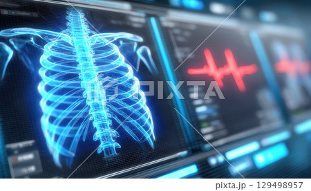 Medical ai technology shows digital x ray of human ribcage and spine with heart rate monitor on futuristic screen 129498957