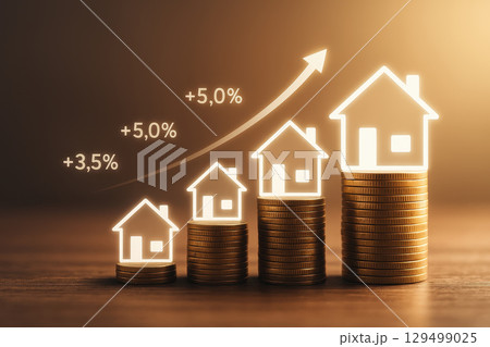 Real estate investment shows property value increase with rising mortgage interest rates illustrated by house icons on stacked coins and upward arrow symbolizing financial growth 129499025