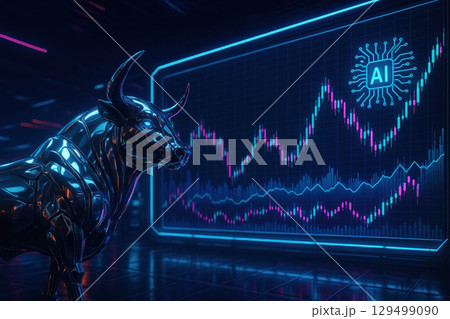 Futuristic metallic bull stands near glowing digital screen showing stock market finance charts with AI technology enhancing financial data analysis in dark room 129499090