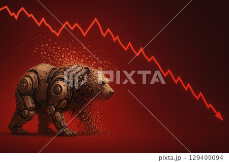 Mechanical bear dissolves into pixels under falling red stock market finance graph symbolizing decline and loss in financial markets with futuristic robotic design Mechanical bear dissolves into pixels under falling red stock market finance graph symbolizing decline and loss in financial markets with futuristic robotic design 129499094