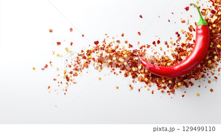 Red chili pepper with crushed flakes on white background creating spicy and vibrant food concept with bright red and orange colors for cooking and seasoning inspiration 129499110