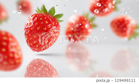 Fresh red strawberry with green leaves floating in water with bubbles and reflection on surface creating vibrant and refreshing scene full of natural beauty and juicy texture Fresh red strawberry with green leaves floating in water with bubbles and reflection on surface creating vibrant and refreshing scene full of natural beauty and juicy texture 129499111