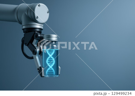 Robotic arm holding vial with glowing dna structure inside symbolizing genetic research in molecular biology and biotechnology lab for pe research and scientific innovation 129499234