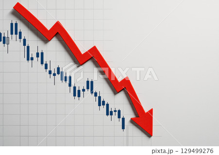 Economic recession and financial crisis are illustrated by sharp stock market decline shown with red arrow and blue candlestick chart on white grid background 129499276