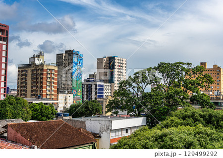 Largo Sao Sebastiao Square in Manaus, Amazonas, Brazil in front of the Teatro Amazonas with a fountain in the center. 129499292