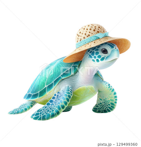 Cute sea turtle wearing straw hat with blue ribbon, showing detailed blue and green shell and flippers in charming pose 129499360
