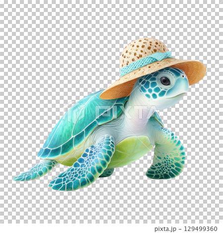 Cute sea turtle wearing straw hat with blue ribbon, showing detailed blue and green shell and flippers in charming pose 129499360