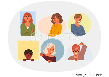 Happy people smile looking out from multi-colored geometric shapes, radiating positive mood Happy people smile looking out from multi-colored geometric shapes, radiating positive mood 129499400