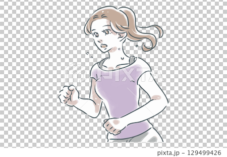 Illustration of a woman running while sweating Illustration of a woman running while sweating 129499426