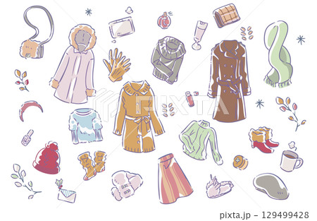 冬のファッション服と小物のイラストセット 129499428