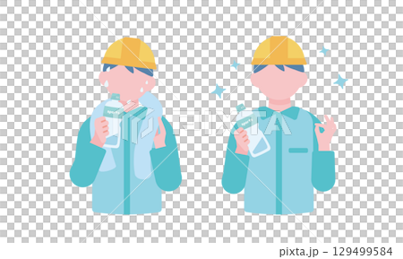 水分補給する作業着の男性 水分補給する作業着の男性 129499584