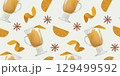 Spicy tea pattern. Spiced tea seamless background. Lemon, orange peel, ginger. Flavor ingredients, ginger tea vector hand drawn illustration. 129499592