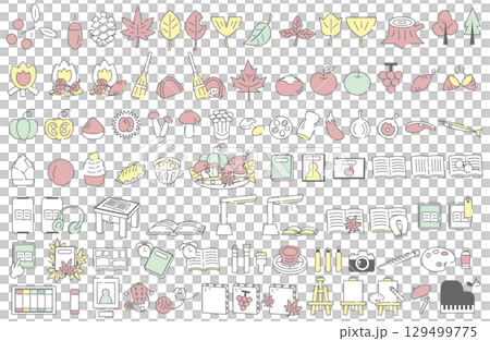 秋季自然、美食、學習和藝術圖標集 129499775