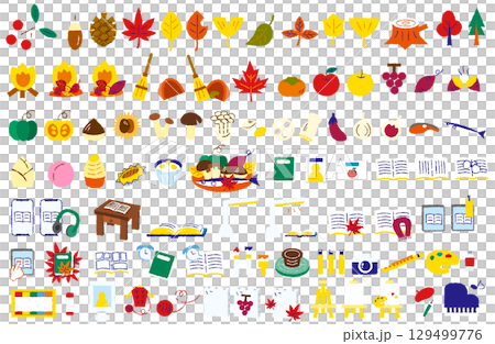 食べ物・本・芸術を描いたカラフルな秋のアイコンセット 129499776