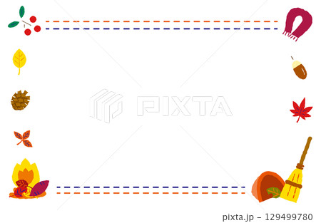 実りや焚き火など秋のモチーフで彩ったカラフルな点線フレーム素材 129499780