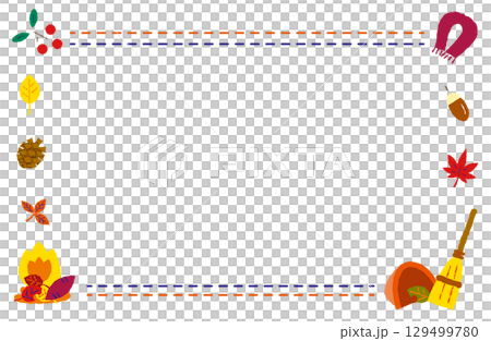 実りや焚き火など秋のモチーフで彩ったカラフルな点線フレーム素材 129499780