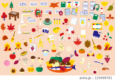 落ち葉・読書・芸術・食べ物が揃った秋のカラフルアイコンセット 129499781