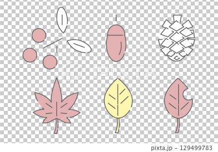 木の実や落ち葉を描いた秋の自然モチーフアイコンセット 129499783