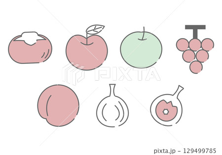 柿・いちじく・梨・ぶどうなど秋の果物アイコンセット 129499785