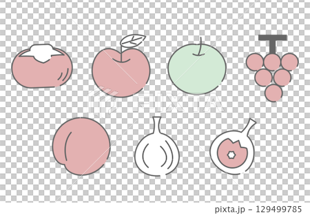 柿・いちじく・梨・ぶどうなど秋の果物アイコンセット 129499785