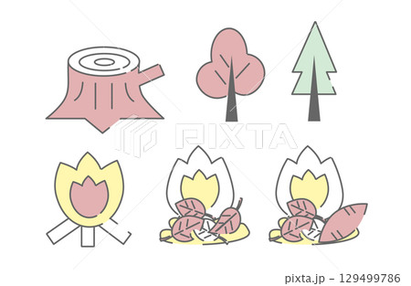 木や切り株、たき火など秋の自然をテーマにしたアイコンセット 木や切り株、たき火など秋の自然をテーマにしたアイコンセット 129499786