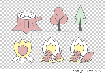 木や切り株、たき火など秋の自然をテーマにしたアイコンセット 木や切り株、たき火など秋の自然をテーマにしたアイコンセット 129499786