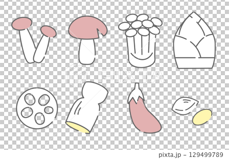 Autumn vegetable icon set (mushrooms, eggplant, lotus root, etc.) Autumn vegetable icon set (mushrooms, eggplant, lotus root, etc.) 129499789