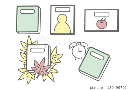 秋の学習アイコン（本・時計・もみじ） 129499791