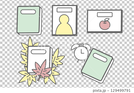 秋の学習アイコン（本・時計・もみじ） 129499791