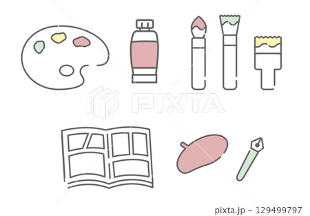 絵の具・筆・漫画道具など創作系アイコンセット 129499797
