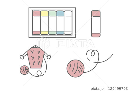 ケースに入ったパステルと編み物道具のイラスト 129499798