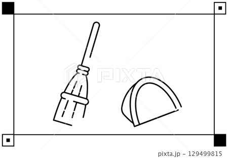 ホウキとちりとりのシンプルな線画イラストアイコン 129499815