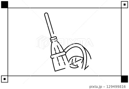 落ち葉を集めたホウキとちりとりのシンプルな線画イラストアイコン 129499816