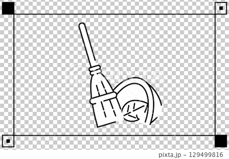 落ち葉を集めたホウキとちりとりのシンプルな線画イラストアイコン 129499816