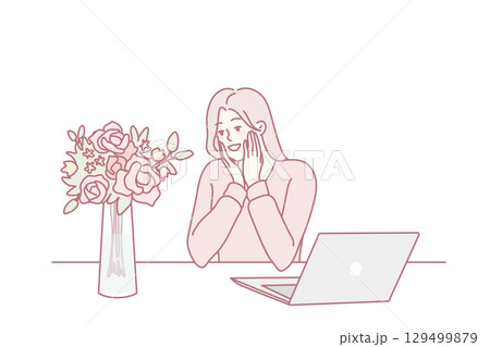 Happy woman stunned with flower delivery Happy woman stunned with flower delivery 129499879