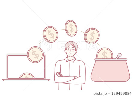 Coins flying from computer into wallet 129499884