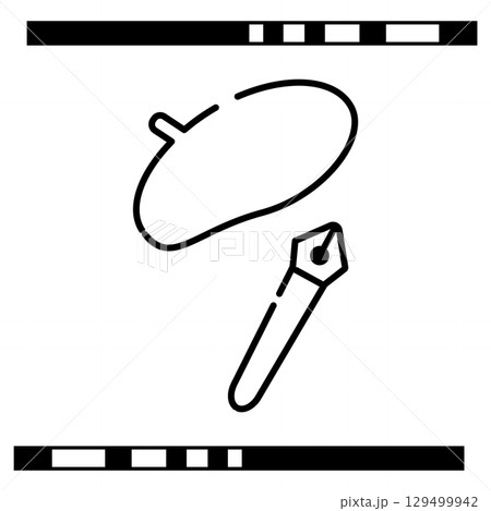 ベレー帽とペン先のシルエットイラスト 129499942