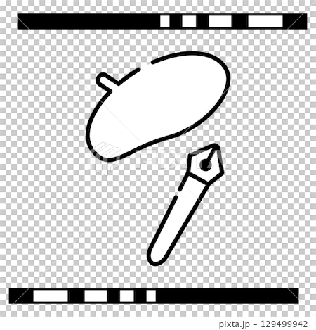 ベレー帽とペン先のシルエットイラスト 129499942