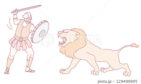 An Epic Heroic Battle A Fierce Warrior Faces a Mighty Lion in Stunning Illustration 129499995