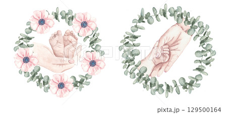 Set of Baby shower watercolor compositions. Newborn Baby feet, hand in Mother Hands inside of anemone and eucalyptus wreath. Hand drawn illustrations for gender reveal party, Mother's day cards and 129500164